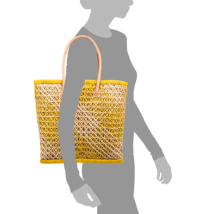 Zavattarello bolso de hombro mujer. Fabricado en rafia y tela, con asas de cuero.