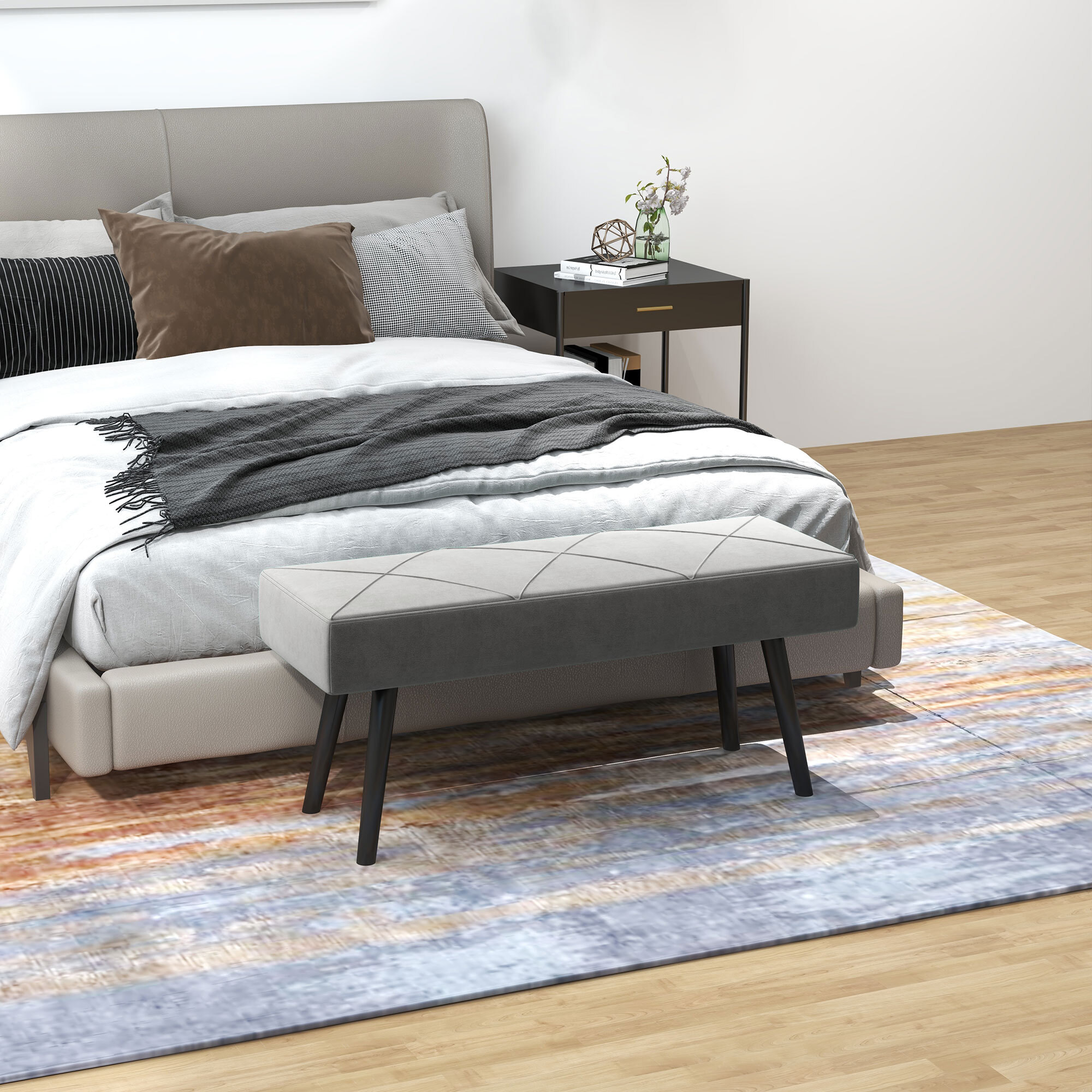 Taburete Pie de Cama Multifuncional Banco Pie de Cama Moderno Banco Dormitorio con Pies de Acero y Asiento Acolchado Carga 120 kg para Entrada Pasillo 100x36x45 cm Gris