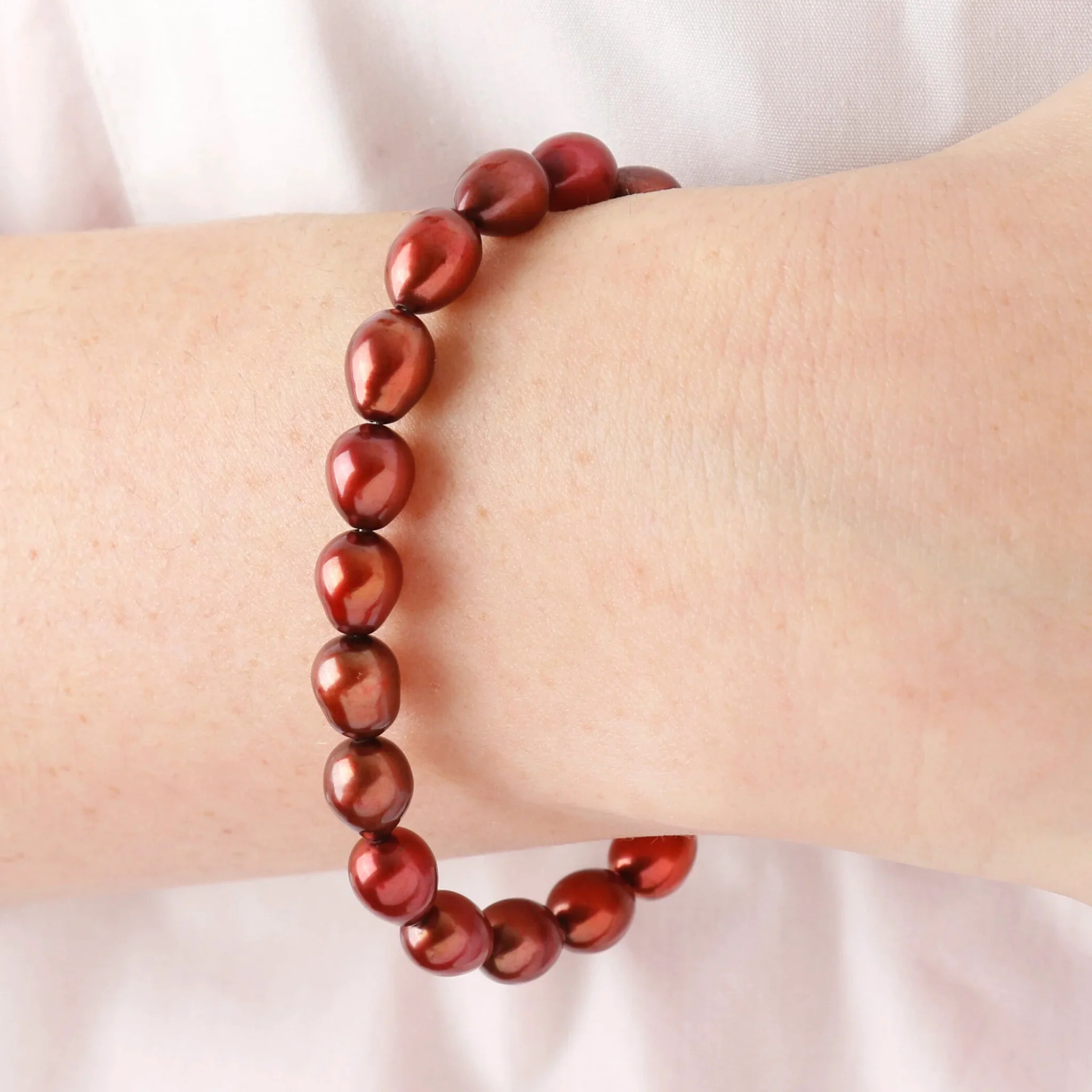 PERLAVIVA - Bracciale in Argento 925 placcato Rodio con Perle d'Acqua Dolce Rosse Ø 6.5/7x8.5/9 mm
