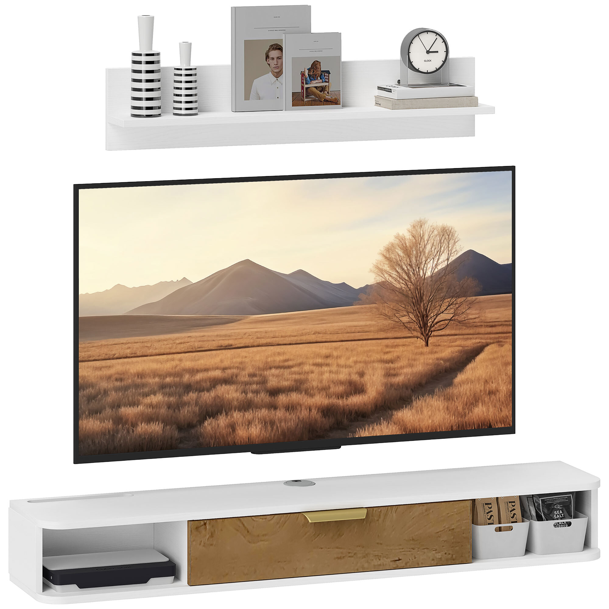 Mueble de Salón Mueble de Comedor con Estante de Pared Mueble de TV Armario Compartimentos Orificios para Cables para Televisión de Pared 120x24x16 cm Blanco