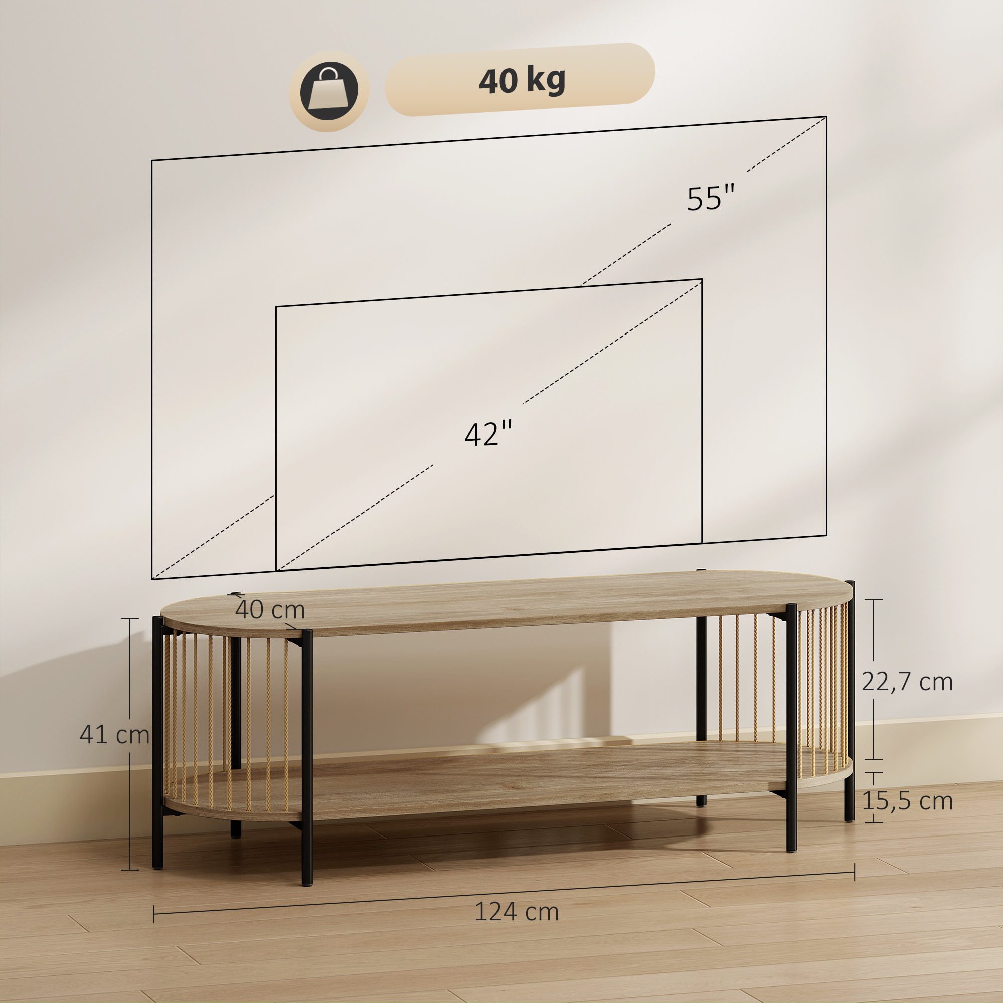 Mueble de TV Bohemio Mesa de TV hasta 55 Pulgadas con Diseño en Cuerda de Papel y 2 Estantes Abiertos para Salón Dormitorio 124x43,5x41 cm Natural