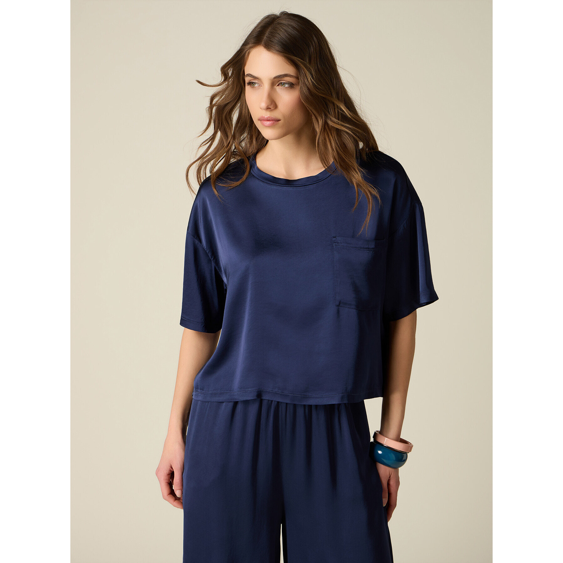 Oltre - Blusa boxy in raso di viscosa - Blu