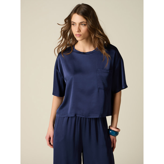 Oltre - Blusa boxy in raso di viscosa - Blu