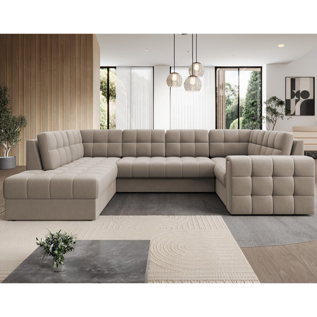 Nappa - Canapé panoramique d'angle droit 7 places convertible avec coffre en velours - Beige