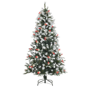 HOMCOM Albero di Natale Innevato con Bacche Rosse e Pigne Bianche, Base Rimovibile Pieghevole 180cm - Verde