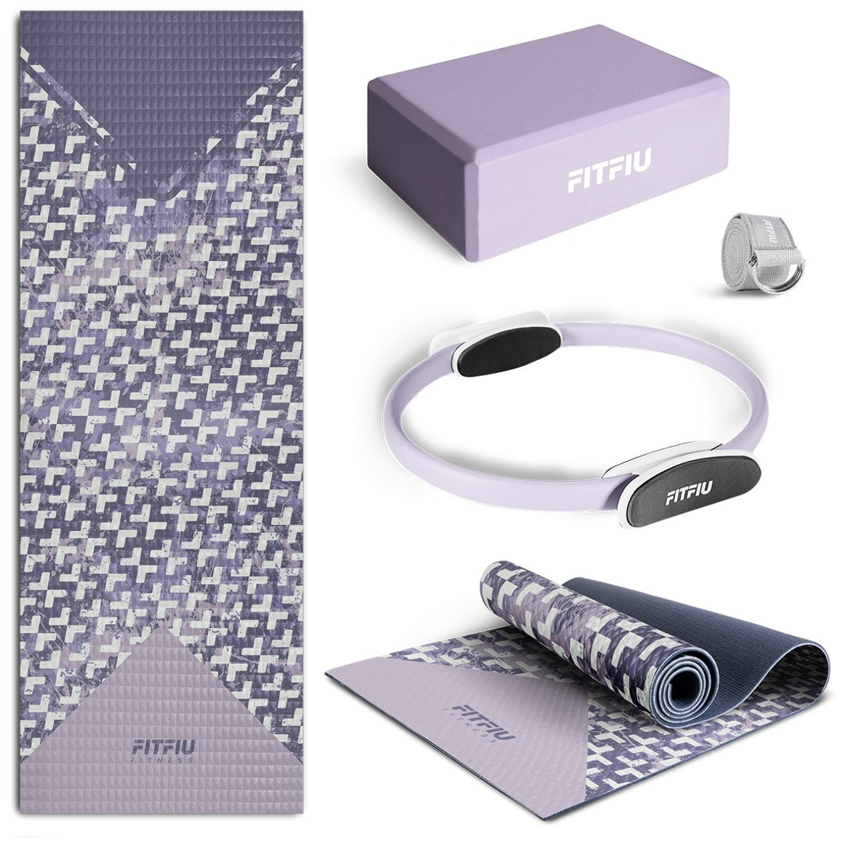 Pack accesorios yoga lila FITFIU con esterilla, bloque, aro, correa