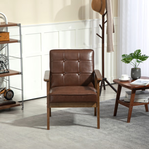 Fauteuil de salon lounge design Chesterfield bois hévéa foncé synthétique chocolat