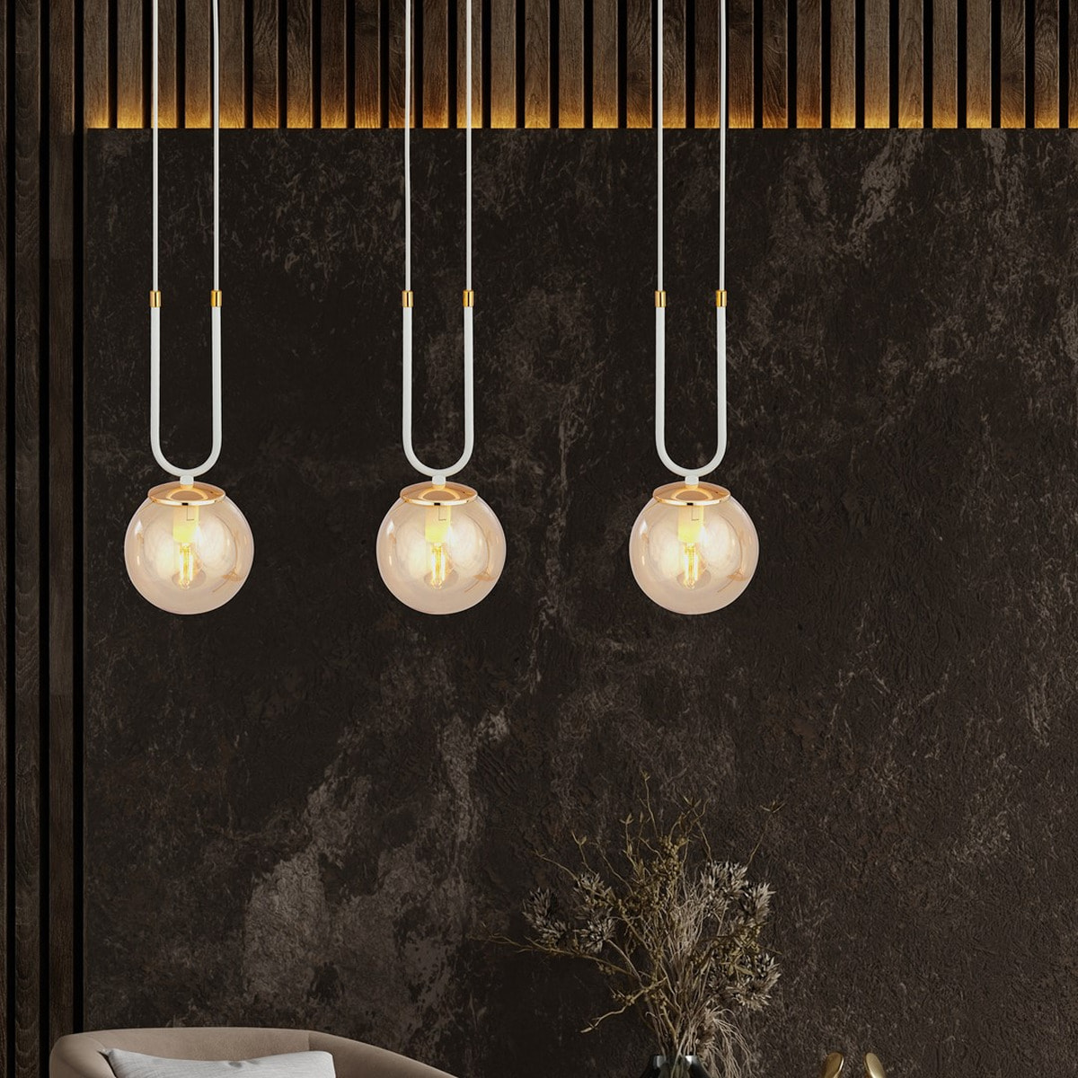 Lampada a sospensione GLAM in acciaio bianco e vetro ambra