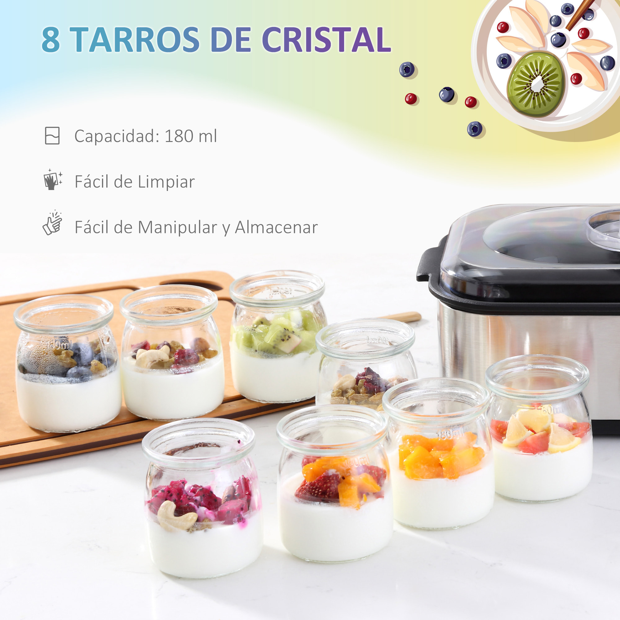 Yogurtera 30W Capacidad 1,44L con 8 Tarros de Cristal de 180 ml Termostato Ajustable Temporizador de 1-48 Horas y Apagado Automático 36x18,8x14 cm Plata