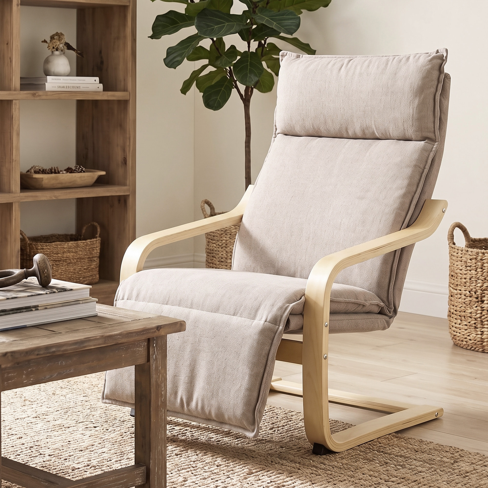 Sillón de Salón con Reposapiés, Butaca de Salón Tapizada en Lino con Balanceo Suave, Respaldo Alto, Asiento Ancho, Sillón de Relax para Dormitorio, Oficina, Estudio, Marrón Claro