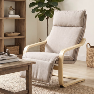 Sillón de Salón con Reposapiés, Butaca de Salón Tapizada en Lino con Balanceo Suave, Respaldo Alto, Asiento Ancho, Sillón de Relax para Dormitorio, Oficina, Estudio, Marrón Claro