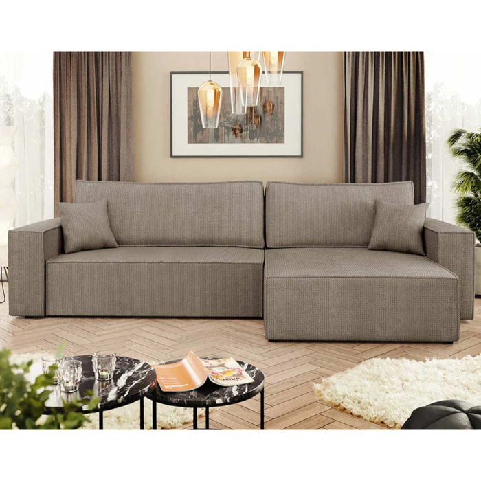 Cezanne - Canapé d'angle réversible 5 places convertible avec coffre en tissu texturé - Marron
