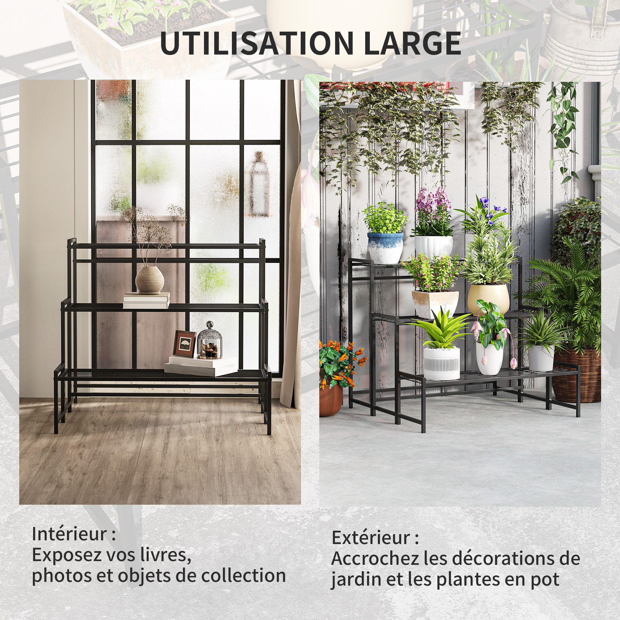 Étagère à fleurs 3 niveaux en échelle dim. 75 x 70 x 66 cm métal époxy noir