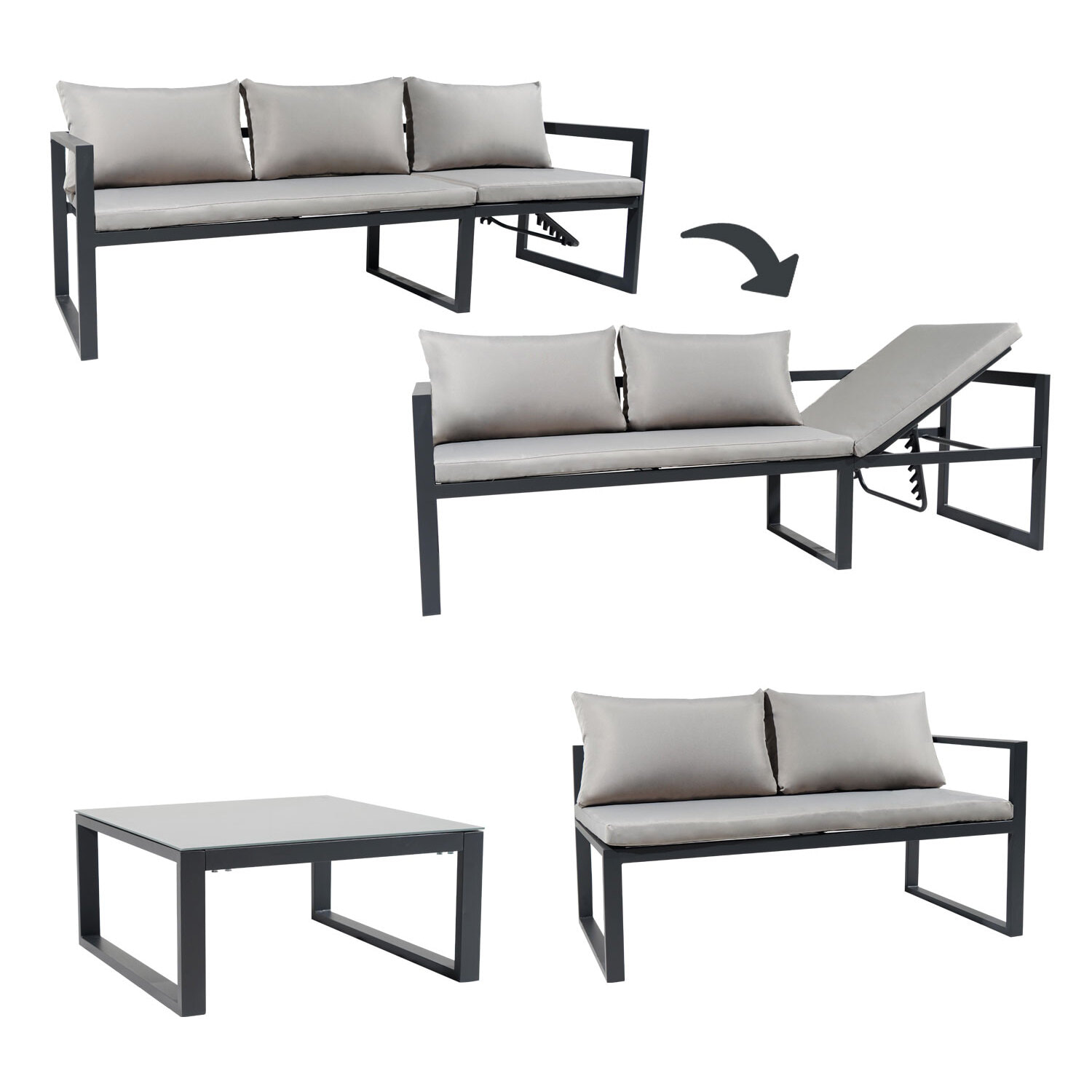 Salon de jardin modulable IBIZA en tissu gris 4 places - aluminium anthracite