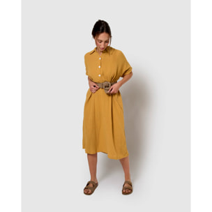 Vestido midi manga fluida muselina ocre