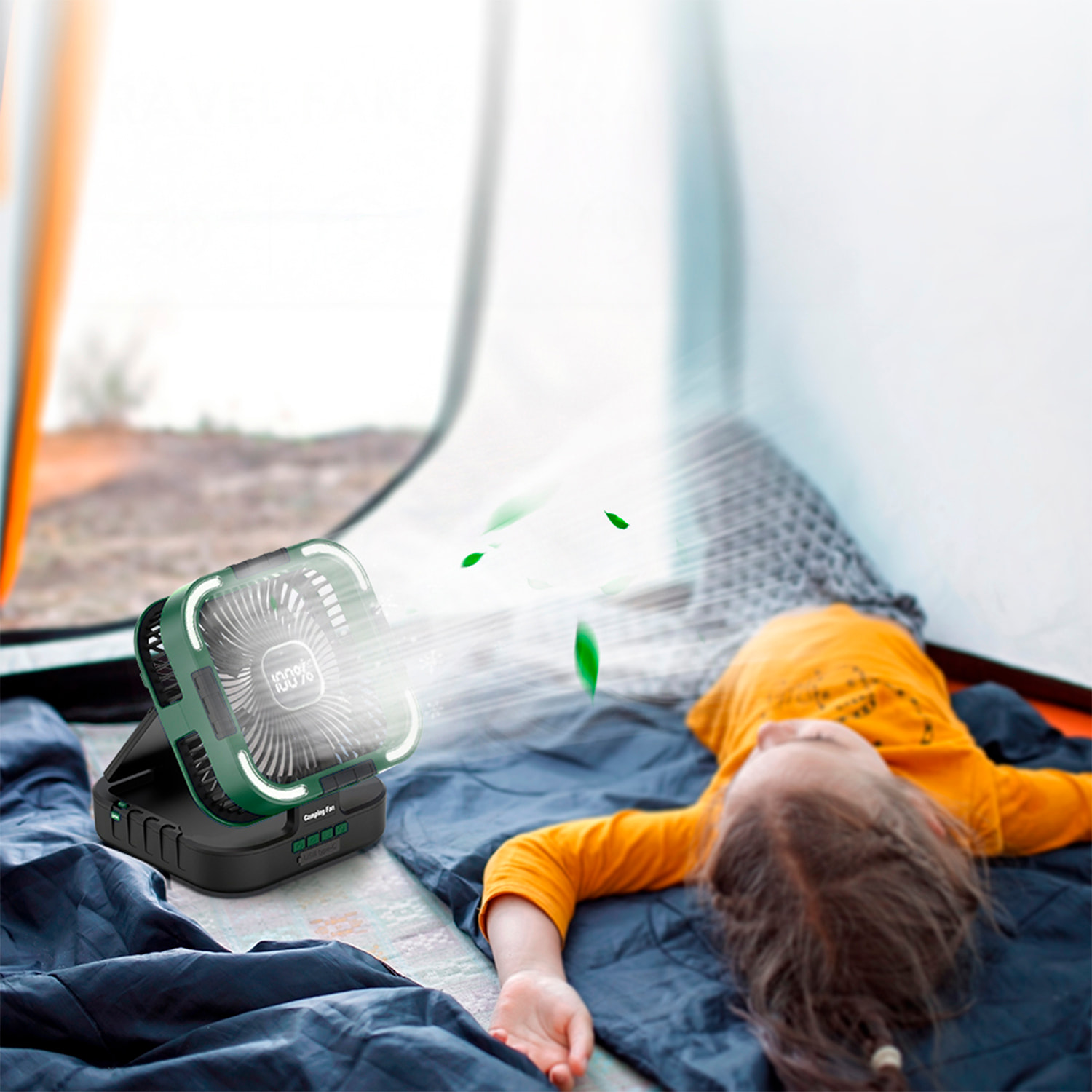 Ventilatore a 6 velocità con pannello solare da 3W, oscillazione, display LCD, 24 luci LED bicolore con 80lm, timer e power bank da 10000mAh.