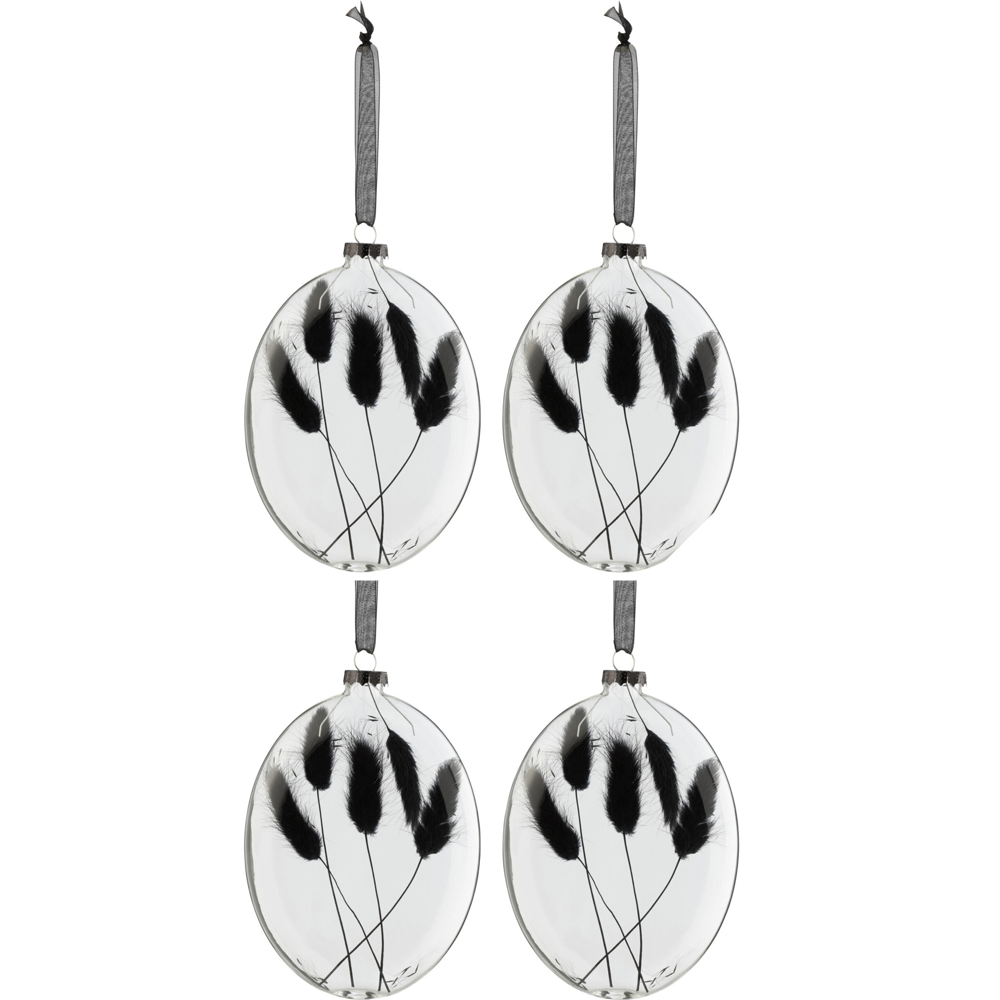 J-Line boule de Noël Oval Plat Fleur Sechée - verre - noir - large - boîte de 4