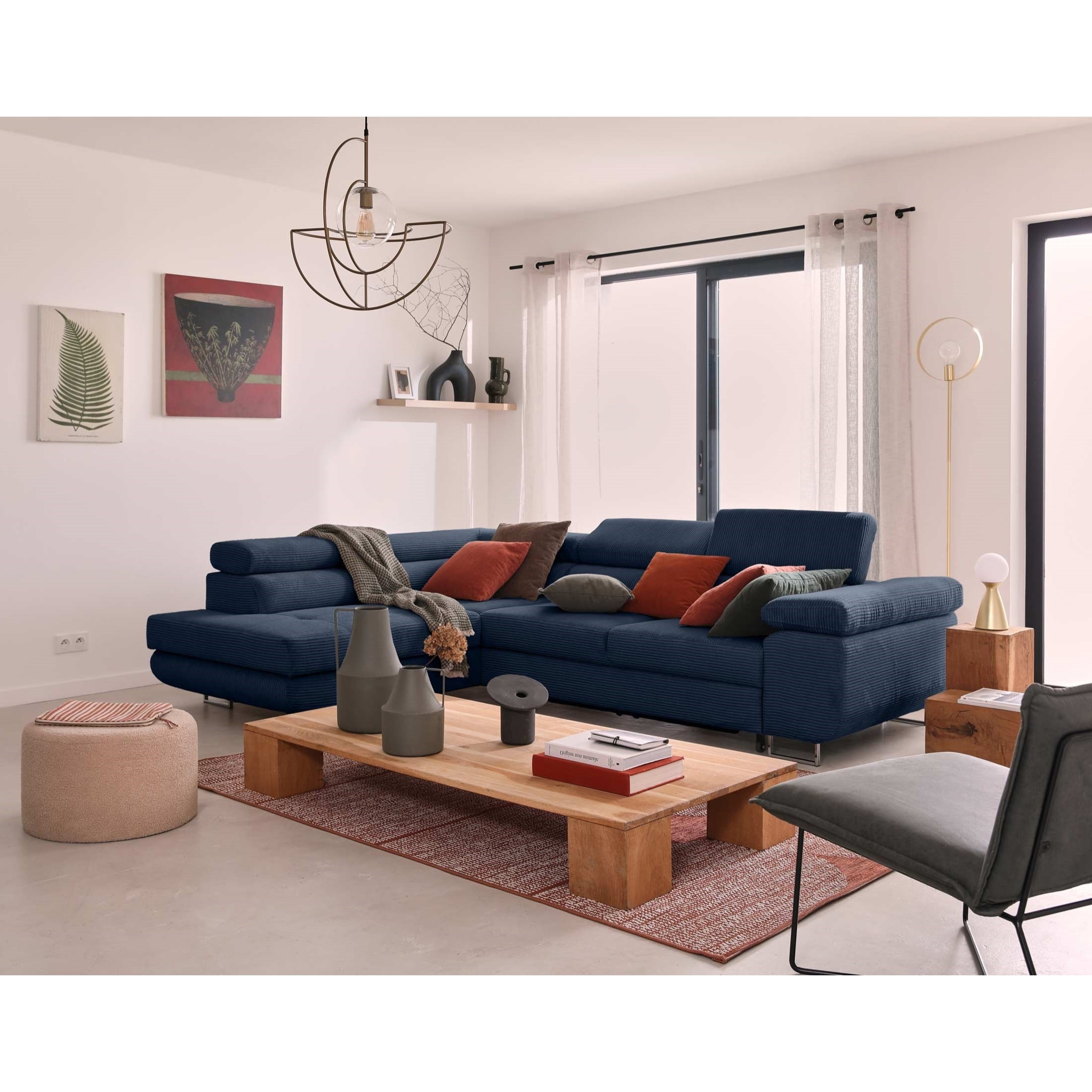 Zaria - canapé d'angle gauche - convertible avec coffre et têtières réglables - 5 places - en velours côtelé - Bleu