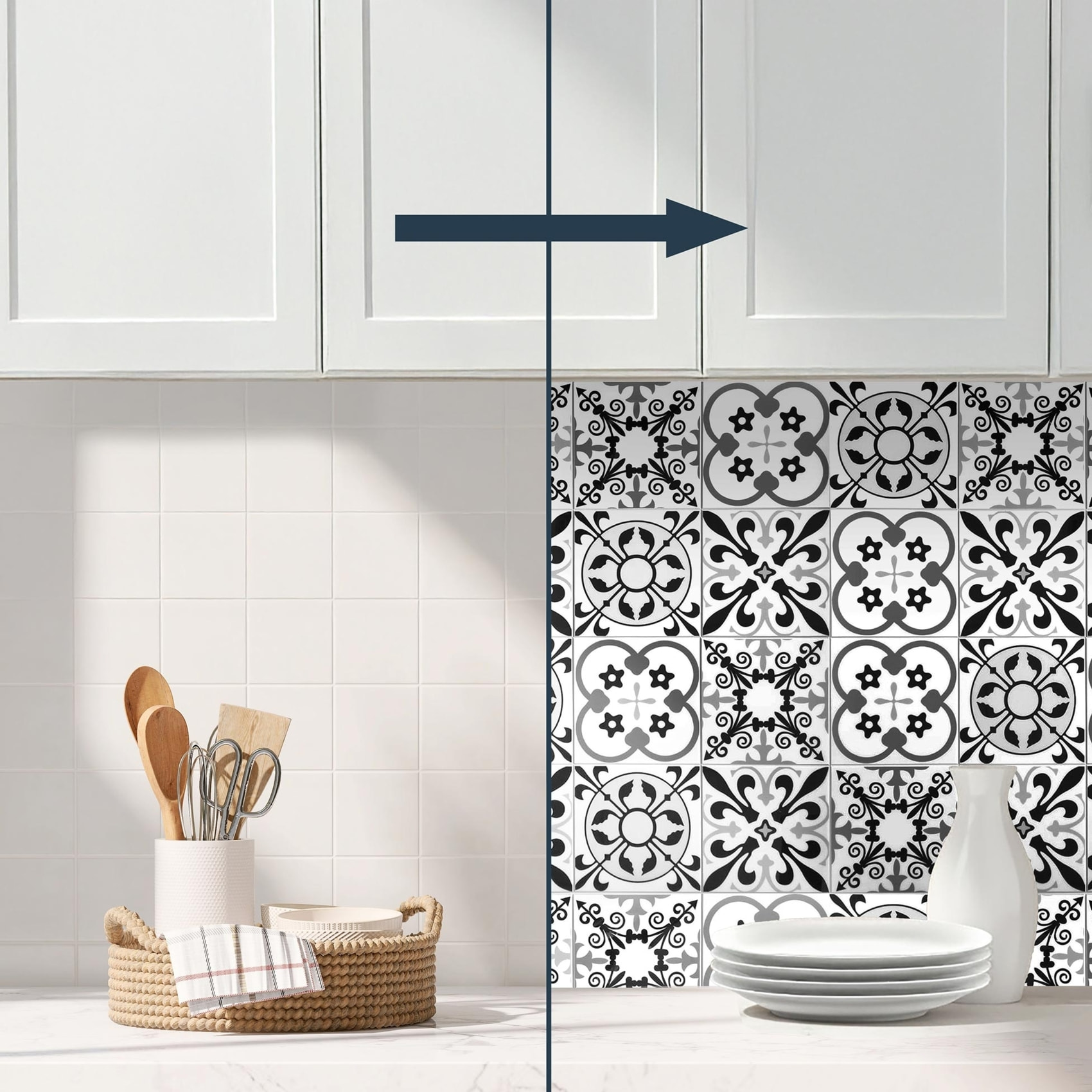 Crédence adhésive murale 3D motifs carreaux de ciment 4 pièces - Blanc