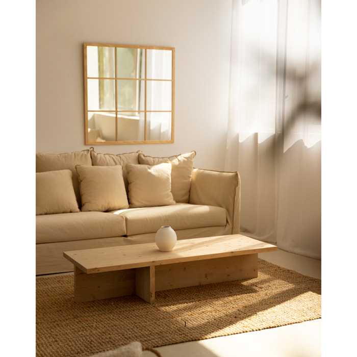 Mesa de centro de madera maciza en tono roble medio de 124x27cm Alto: 27 Largo: 123.5 Ancho: 46.6