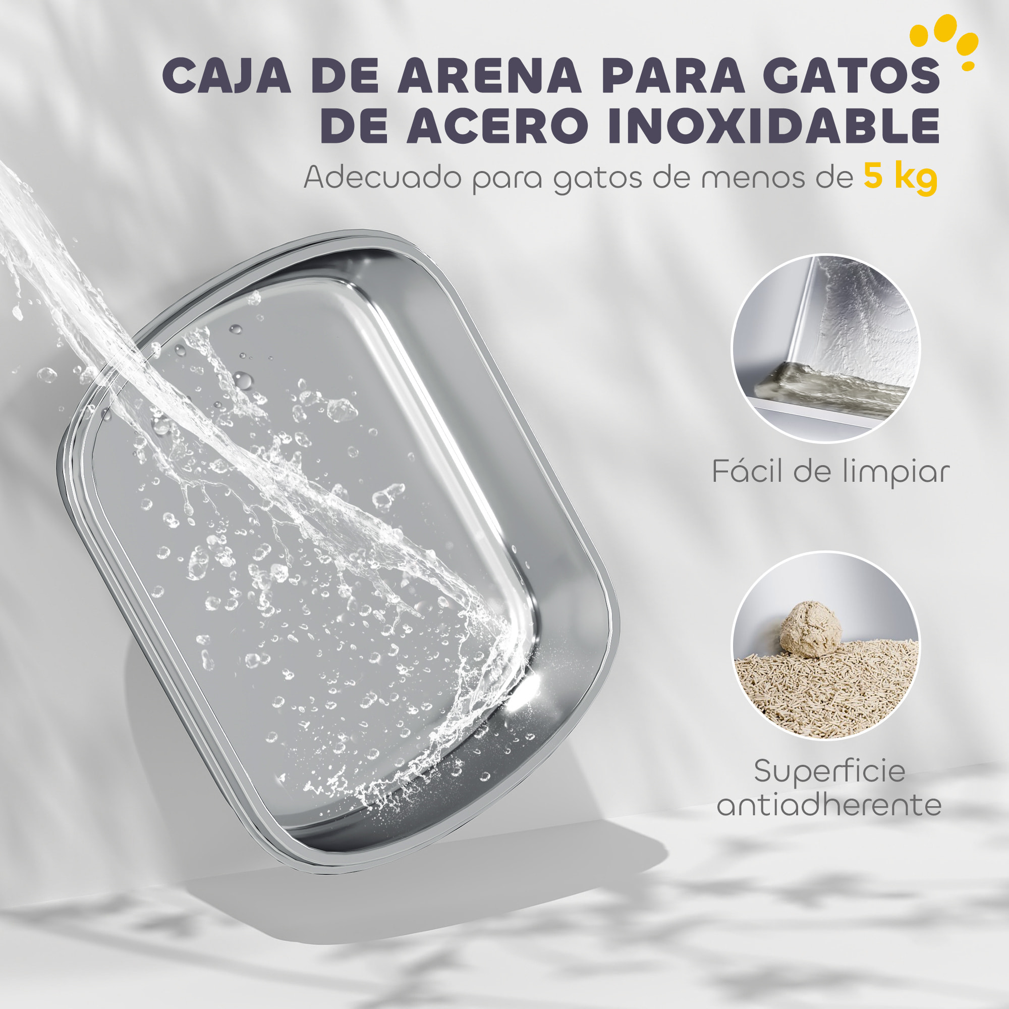Arenero para Gatos de Acero Inoxidable L, Caja de Arena para Gatos con Tapa Abatible, Pala Metálica, Bolsa Desodorizante, Fácil de Limpiar, Antifugas, Blanco