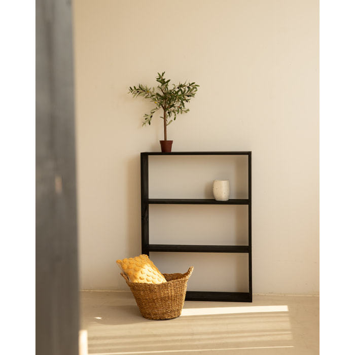Estantería de madera maciza tono negro con 2 estantes Alto: 110 Largo: 80 Ancho: 20