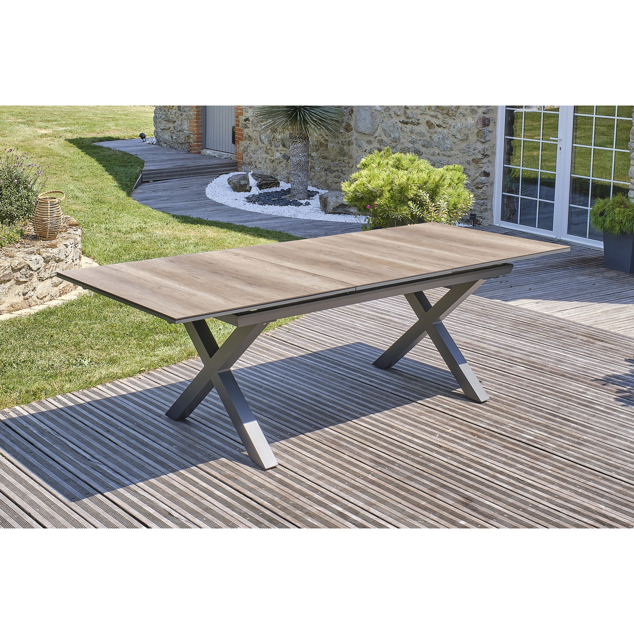 FLORIDE - Table de jardin en aluminium anthracite et plateau HPL imitation bois