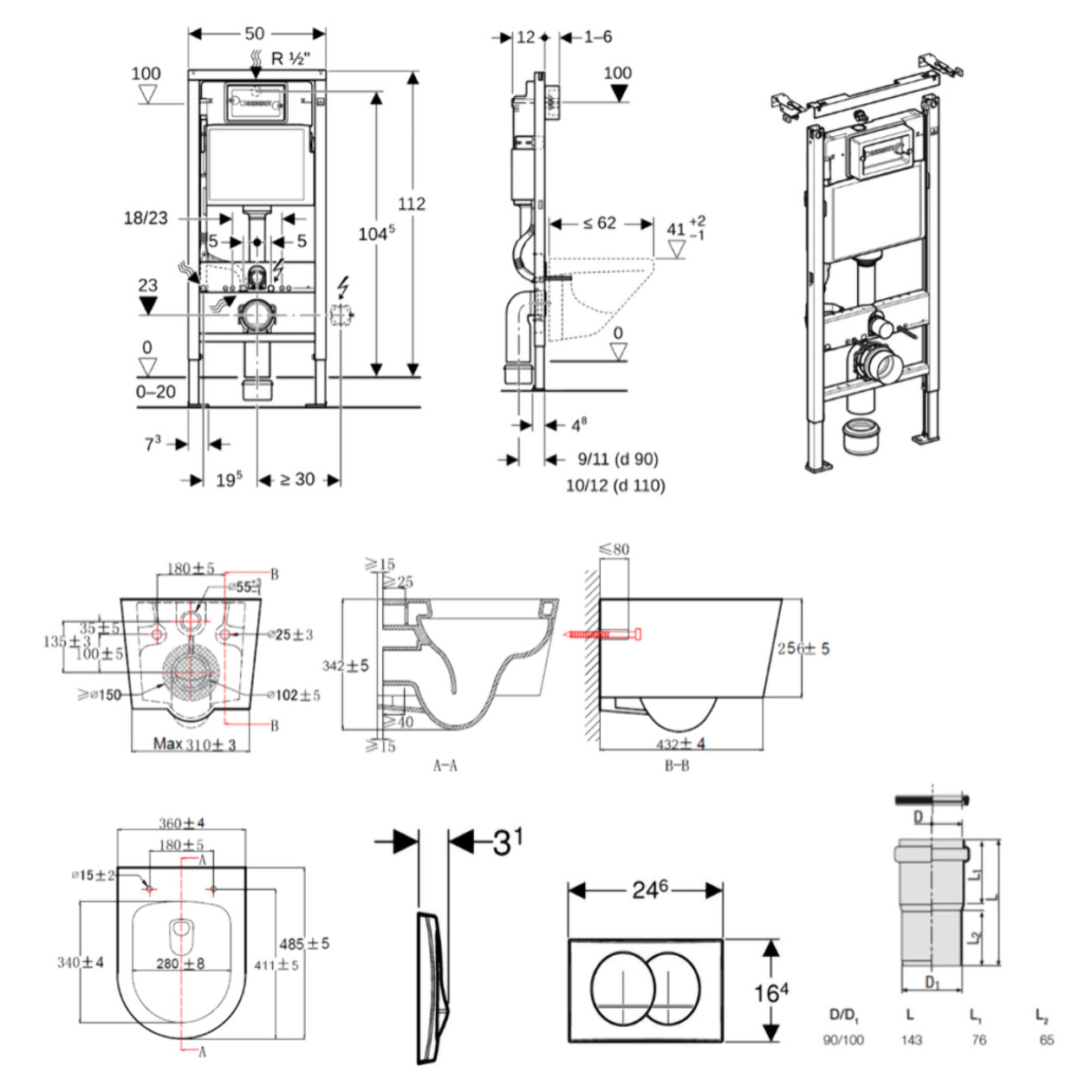 Duofix UP100 Pack WC bâti + WC suspendu sans bride avec abattant SoftClose Swiss Aqua Technologies + plaque (GEBSTBRWR02MAN-FR)