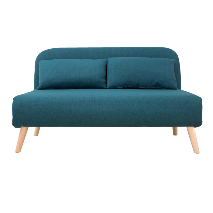 Chauffeuse 2 places convertible en tissu bleu canard et bois clair AMIKO