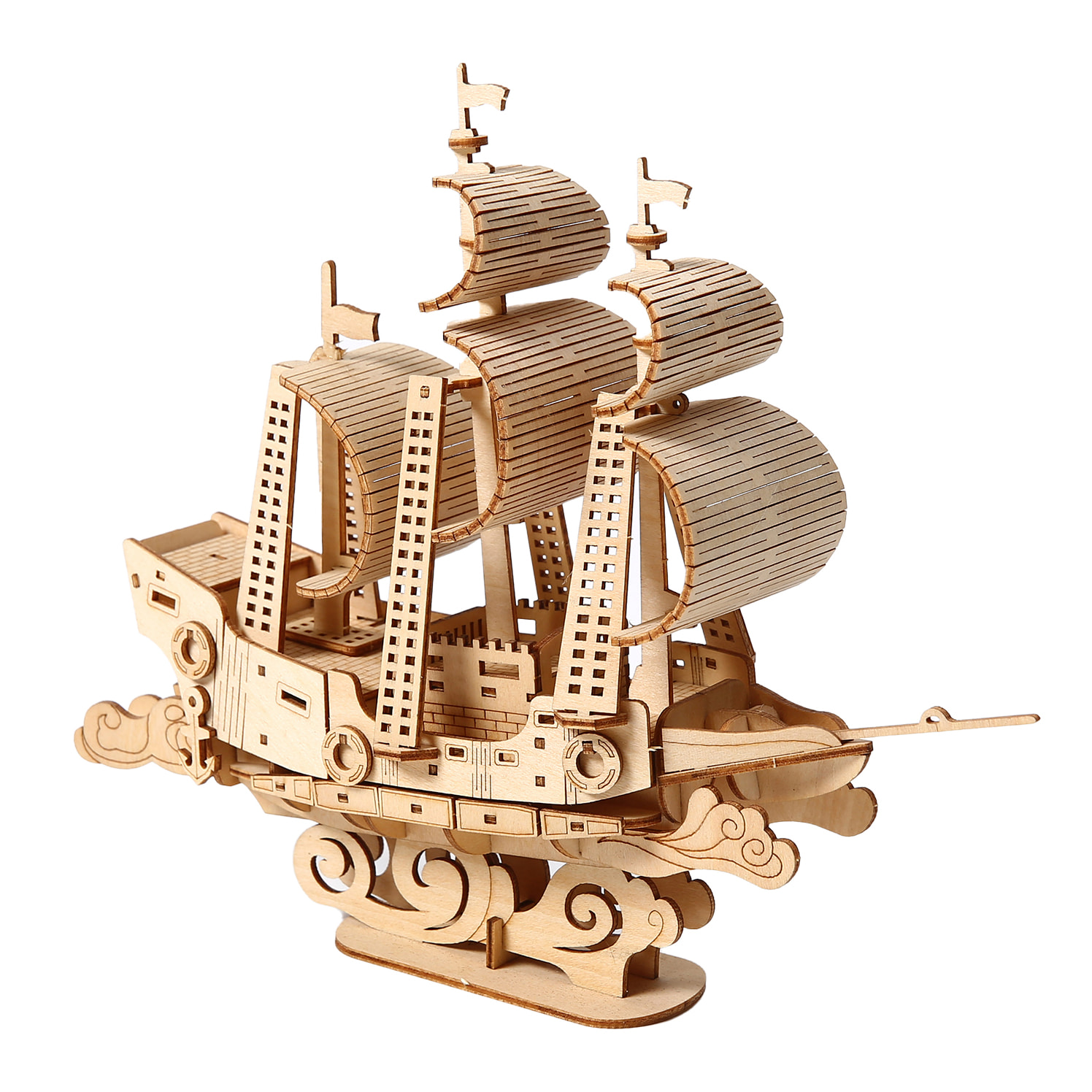 Maqueta de Madera 3D, diseño de Barco de vela con movimiento mecánico. 83 piezas.