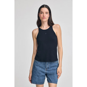 Maglietta blu marino in lino e cotone con monogramma ricamato