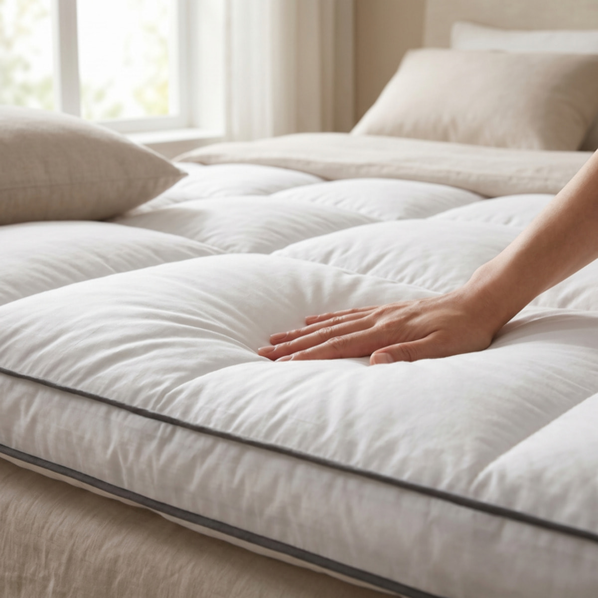 Topper materasso 160x200 + 7,5 cm, in piuma d’oca effetto cloud, morbido e traspirante con angoli elasticizzati, rivestimento downproof OEKO-TEX, comfort extra per materassi rigidi, termoregolante e anallergico, stile hotel, soffice e accogliente