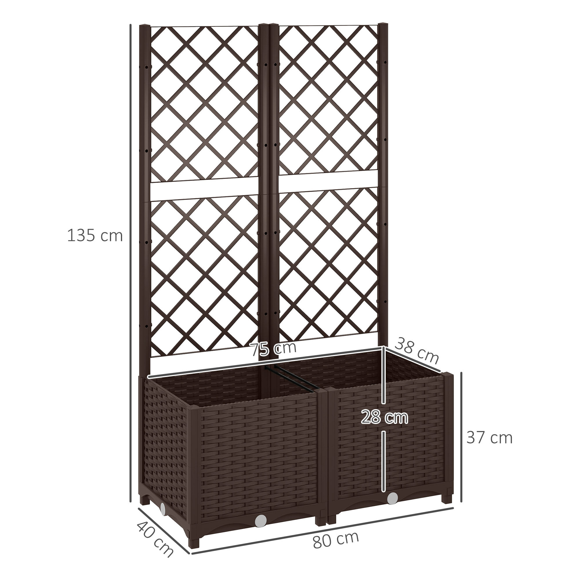 Jardinera con Enrejado de PP Jardinera Exterior Grande con Drenaje y Amplio Espacio para Plantas Trepadoras Macetero con Soporte para Jardín Patio Terraza 80x40x135 cm Marrón