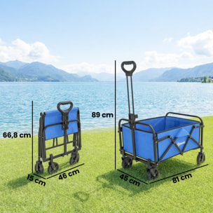Carro Playa con Ruedas, Carro de Jardín Plegable con Mango Ajustable, Marco de Metal, Carga 68 kg, Carrito Transporte para Todo Terreno, Jardín, Campaña, Compra, Azul