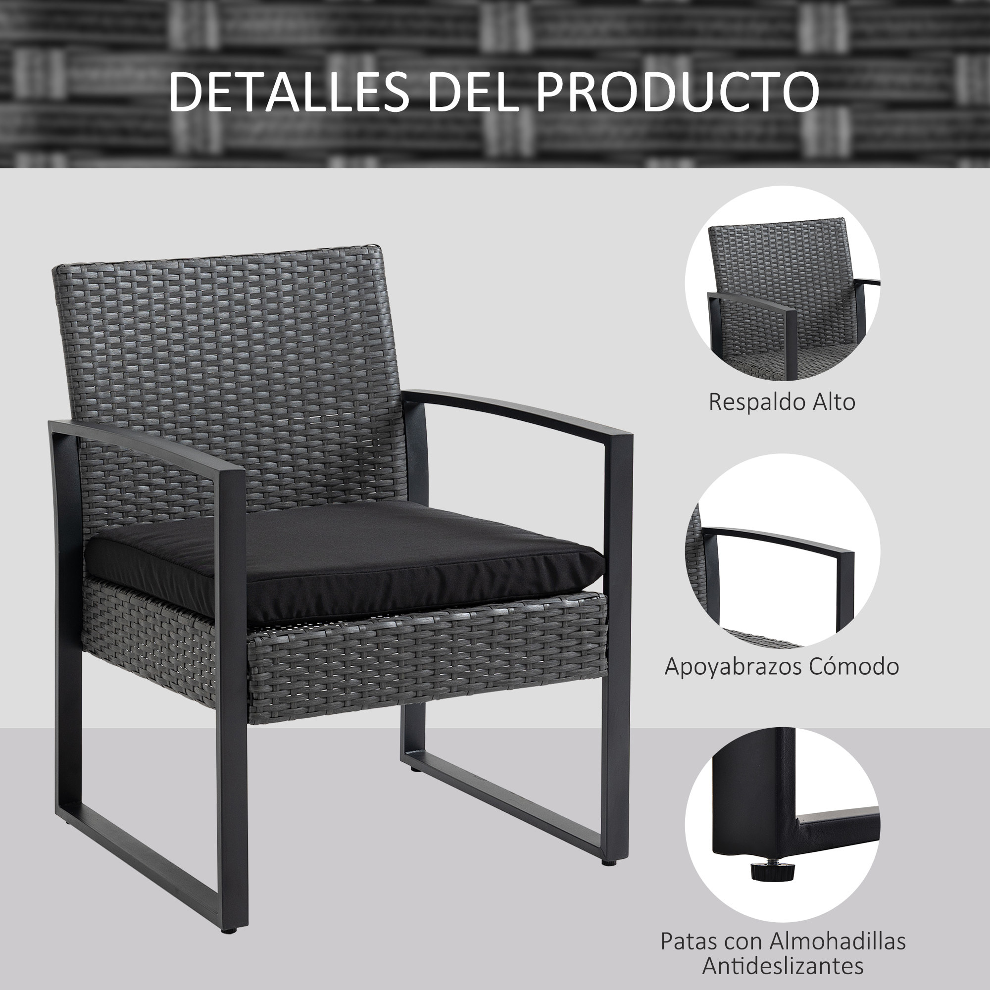 Conjunto de Jardín Exterior de 3 Piezas Juego de 2 Sillas y Mesa de Ratán con Cojines Acolchados y Encimera de Vidrio para Balcón Terraza Gris y Negro