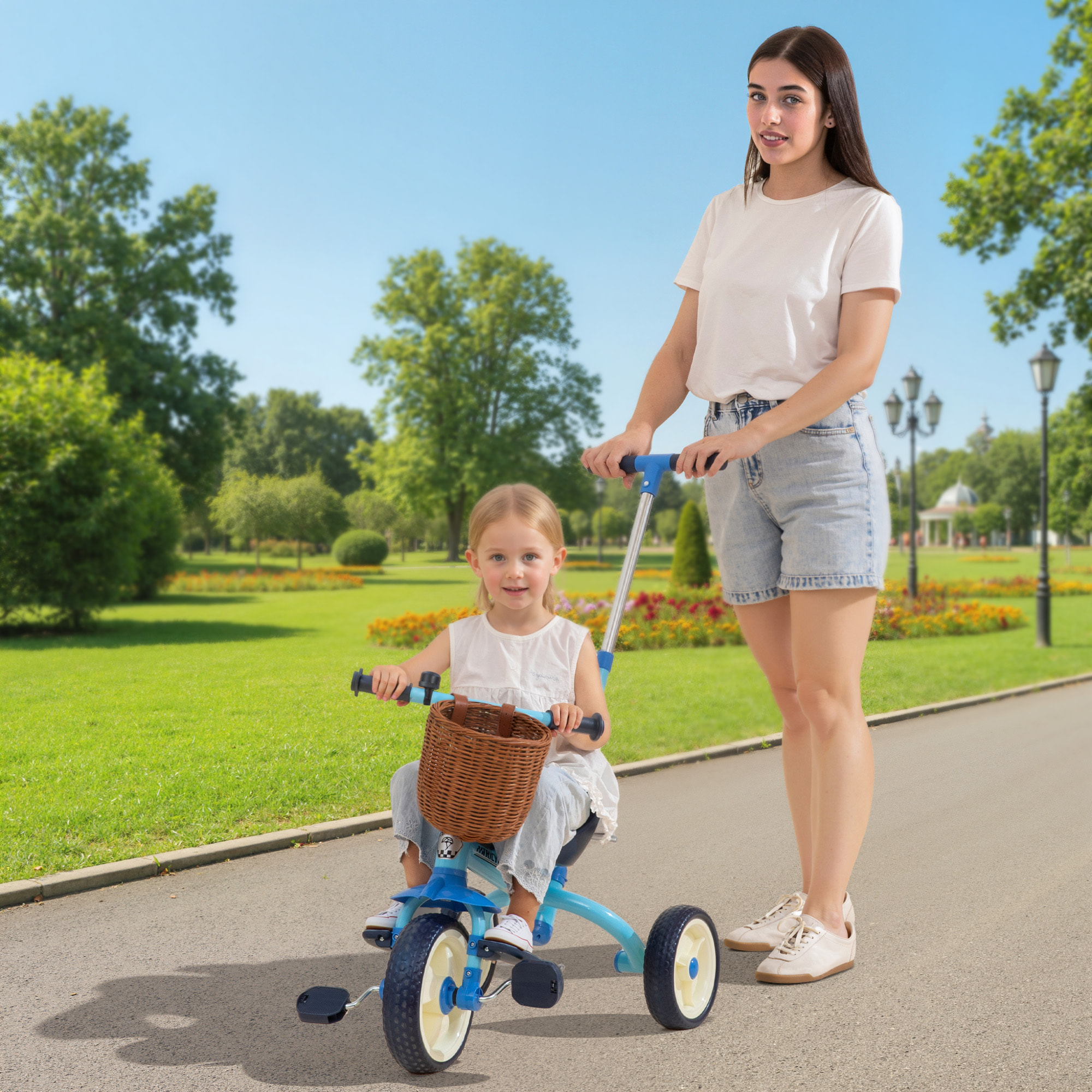 Triciclo para Bebés 2 en 1, Triciclo Evolutivo, 2-5 Años, con Barra Parental Ajustable, Pedales Antideslizantes, Reposapiés Plegables y Cesta, para Niños y Niñas, Azul Claro