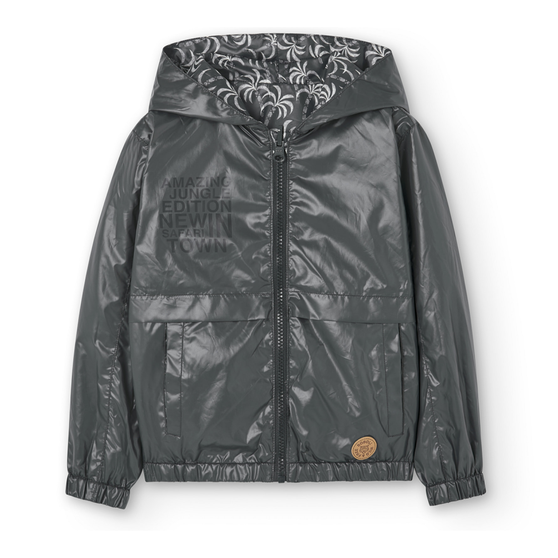 Parka reversible niÃ±o, estampado gris oscuro, capucha