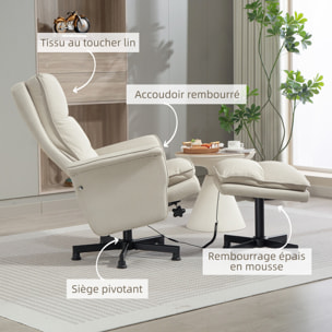 Fauteuil de massage avec repose-pied - style néo-rétro - châssis acier noir aspect lin beige