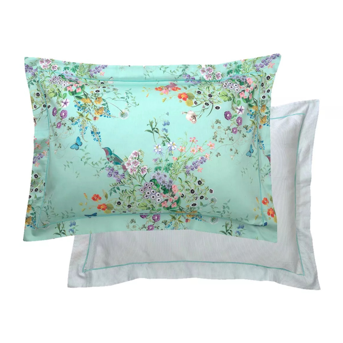 Taie d'oreiller satin de coton 115 g/m² imprimé bleu vert Le printemps azur