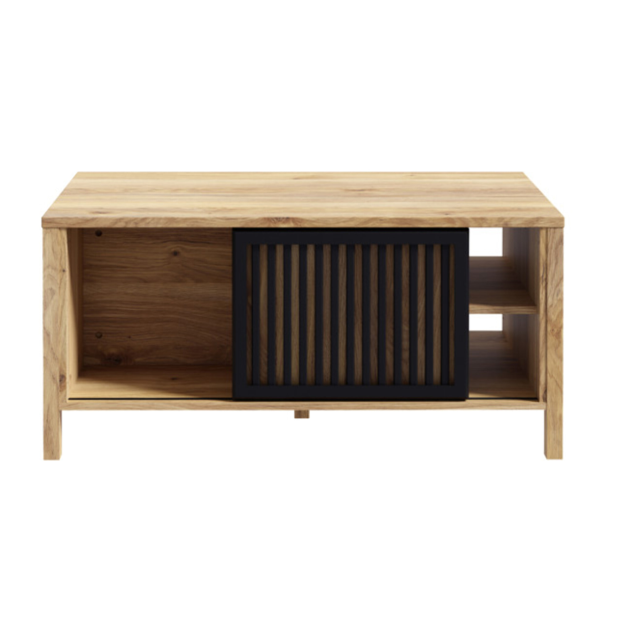 Table basse L106 cm 3 niches 1 porte décor bois chêne et noir - BOSTON