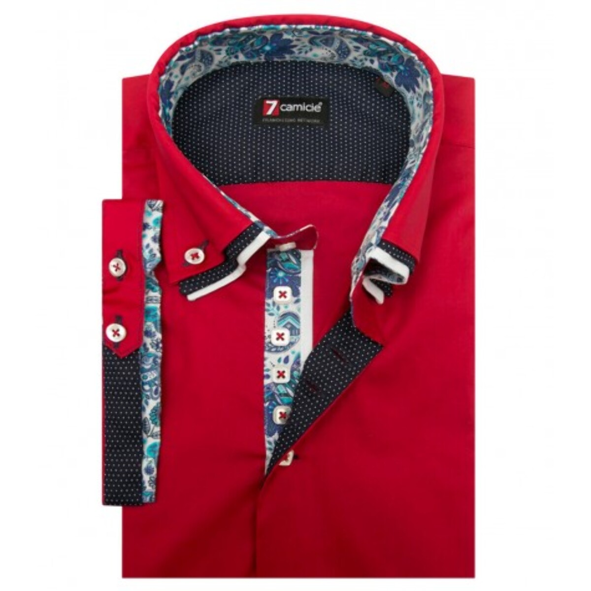 Camicia Uomo 2 Bottoni Button Down Triplo Collo Slim Popeline Stretch Unito Rosso