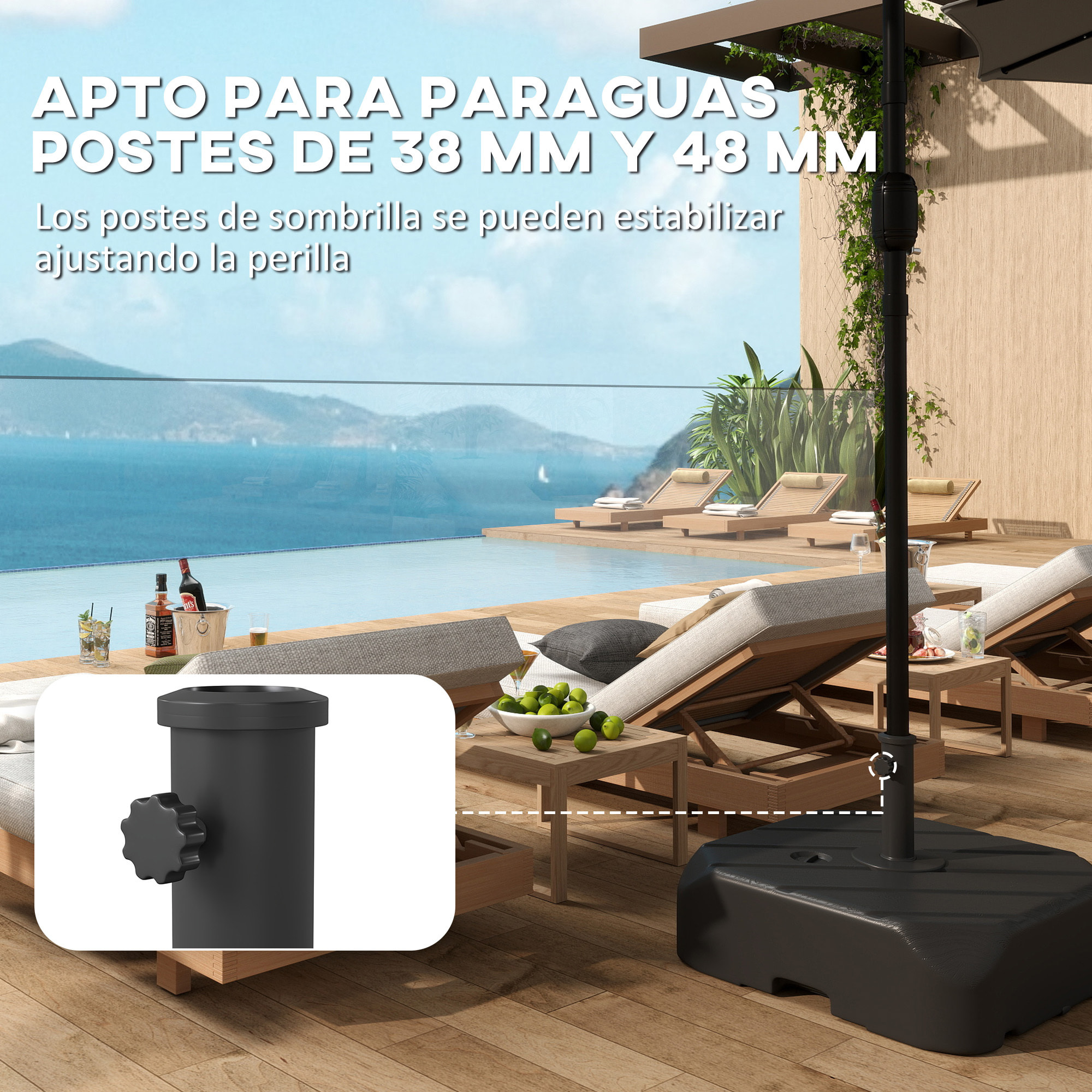 Base para Sombrilla con Ruedas, Soporte de Parasol de HDPE, Pie para Sombrilla con Postes Ø38 mm, Ø48 mm, Rellenable de Arena 72 kg o Agua 45 Litros, con Asa Telescópica, para Jardín, Negro