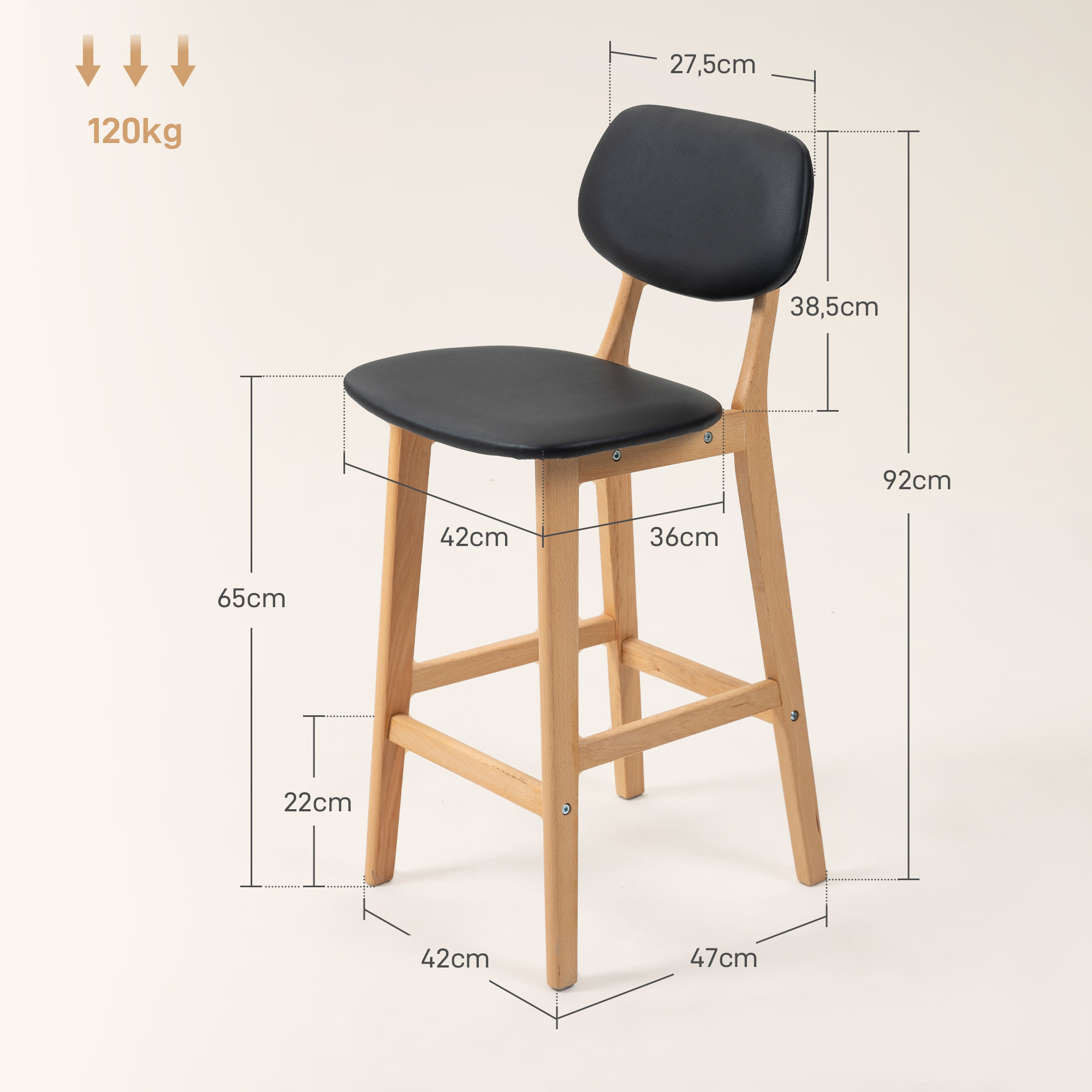 Lot de 2 tabourets de bar style néo-rétro structure piètement bois assise dossier PU noir