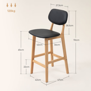 Lot de 2 tabourets de bar style néo-rétro structure piètement bois assise dossier PU noir