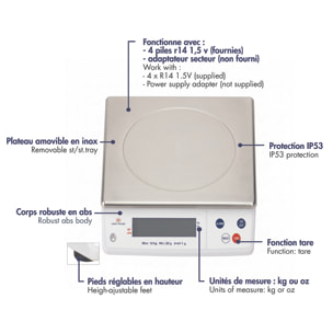 Balance électronique professionnelle - 12kg - IP53 - précison 1g - plateau amovible inox 29,8 x 23,6 cm
