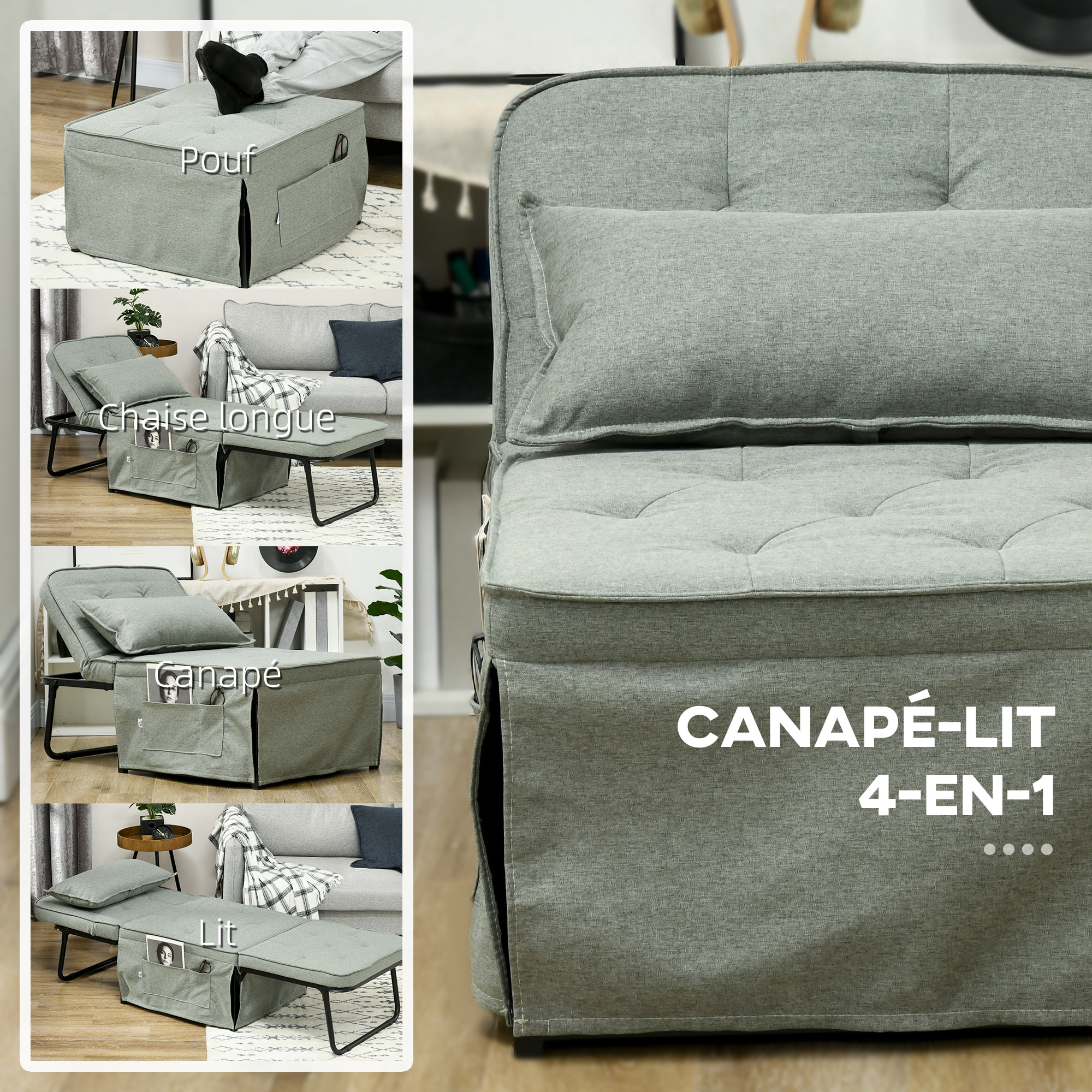 Fauteuil chaise longue lit pouf 4 en 1 dossier inclinable 5 niveaux repose-pied rabattable châssis acier noir tissu gris