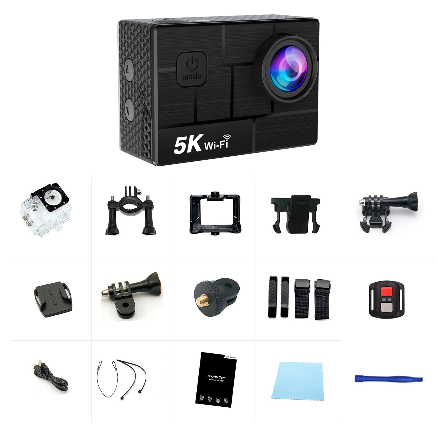 Camera Sportiva AT-M44 R 5k 30fps con 47,75 mpx, schermo da 2" con una moltitudine di accessori sportivi e WIFI.