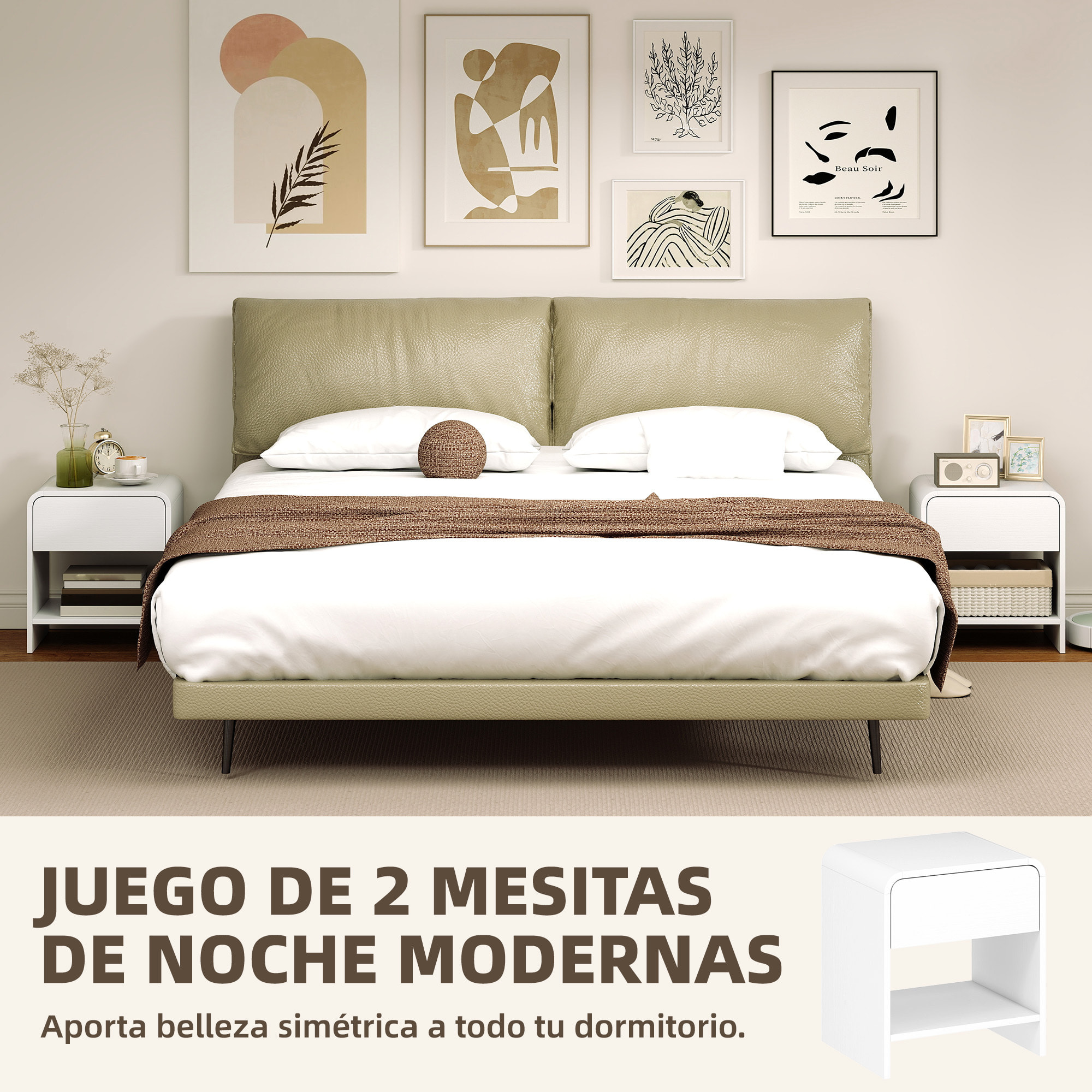HOMCOM Juego de 2 Mesitas de Noche Nórdicas, Mesillas de Noche con Esquinas Redondeadas, Cajón y Estante Abierto, Mesita Auxiliar para Salón, Dormitorio, 40x35x45 cm, Blanco