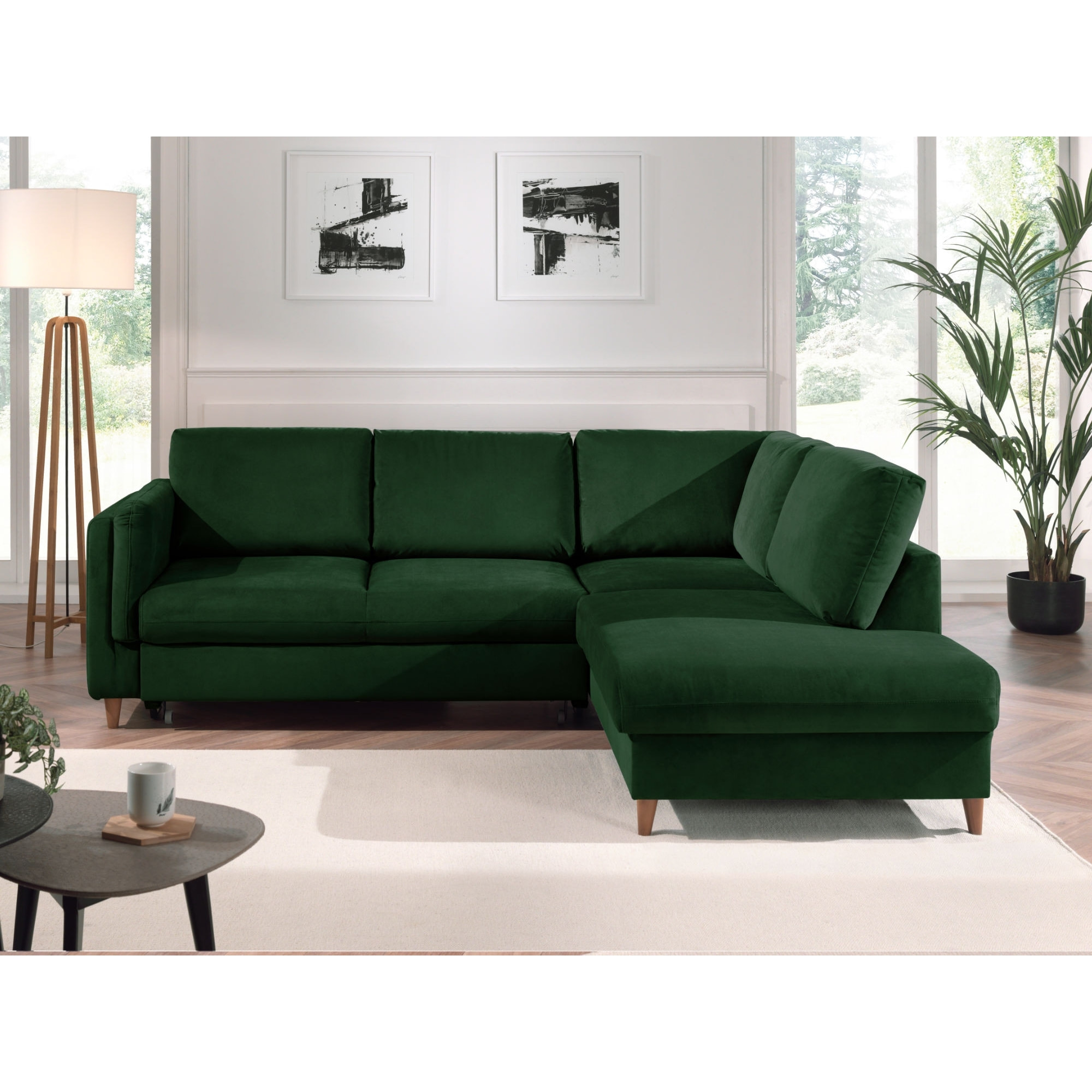 Brooke - canapé d'angle droit - convertible - 5 places - en velours - Vert