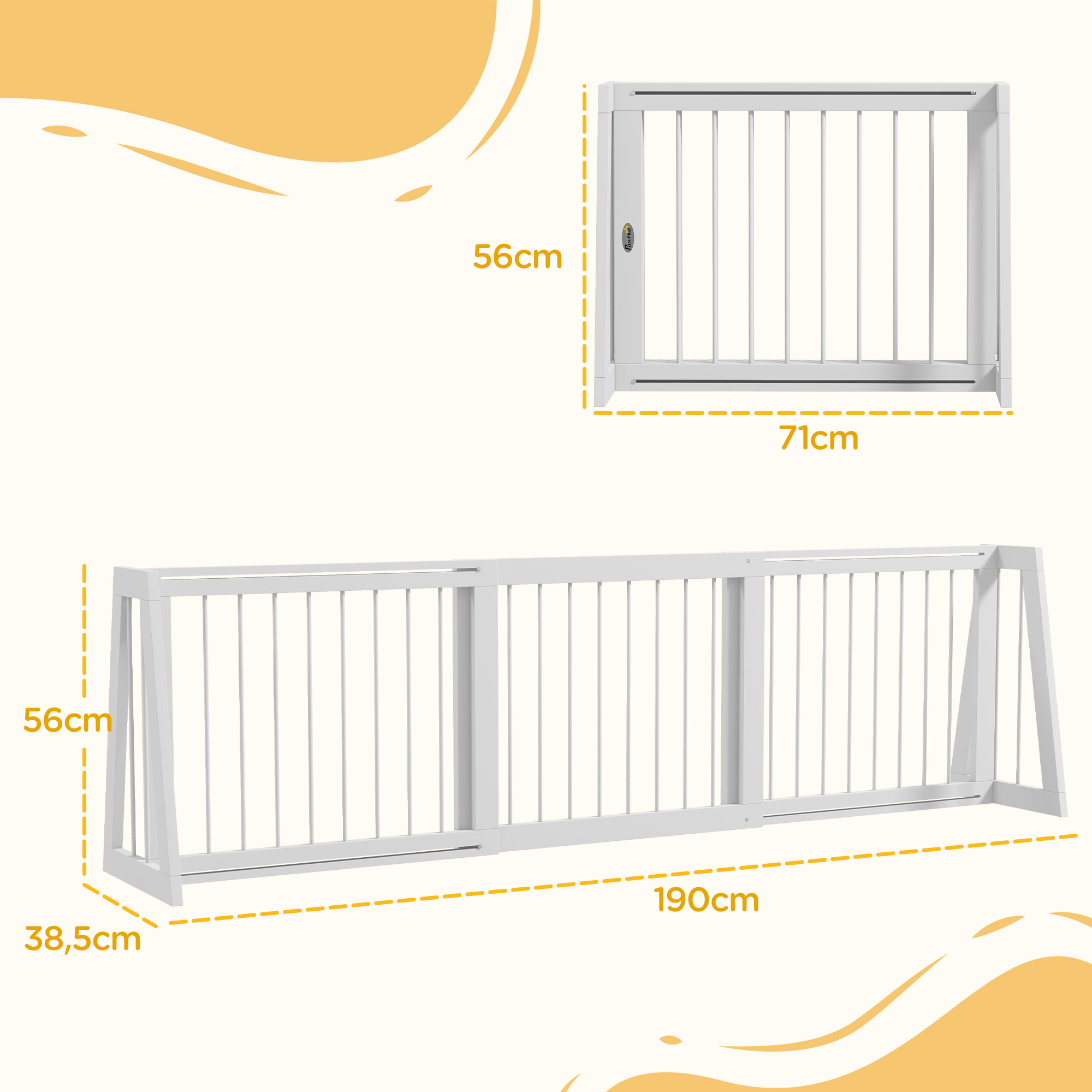 Barrière de sécurité chien 3 panneaux rétractable autoportante dim. 71-190L x 38,5l x 56H cm bois blanc